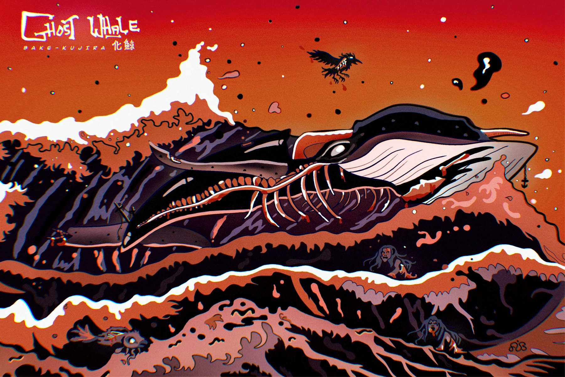 Ghost Whale: an illustrated skeletal whale crossing an orange sea, with folklore creatures and breaking waves